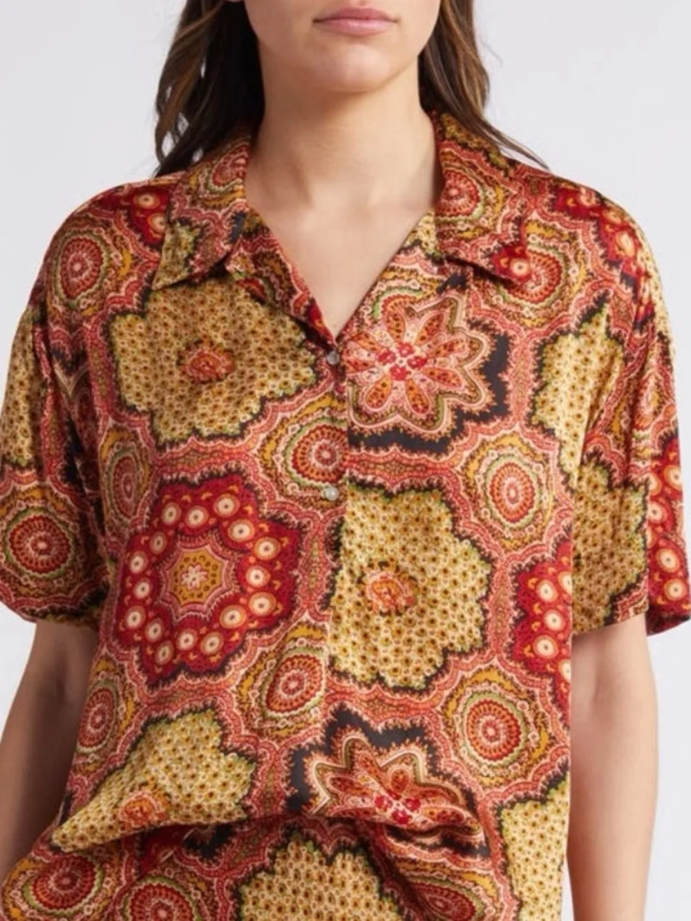 THE GREAT. The Richmond Medallion Print Camp Short Sleeve Button Up Shirt Blouse - Picture 1 of 10